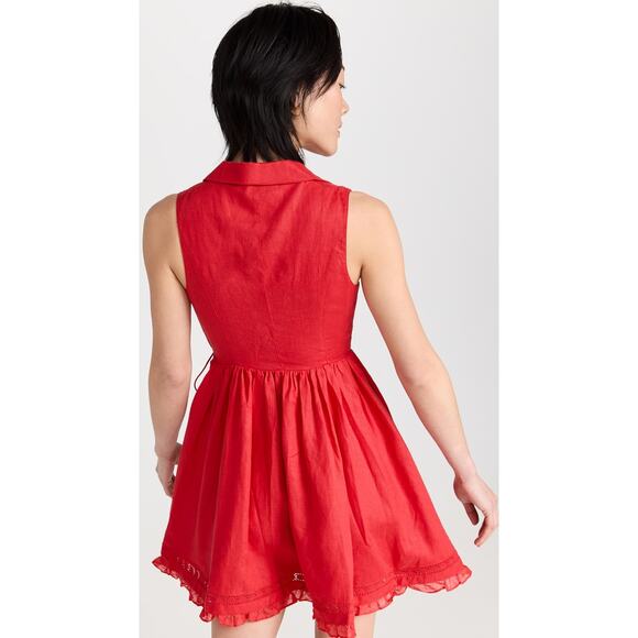 JOSLIN Amella Linen Mini Wrap Dress Womens 0 Red Sleeveless Collar V Neck Ruffle - Picture 3 of 16